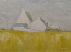 SEIRIOL DAVIES oil on board - white washed farm with cornfields, entitled verso 'Bythynod yn ymyl