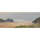 GARETH THOMAS watercolour - Gower peninsula coastal scene with figures, entitled verso 'Above