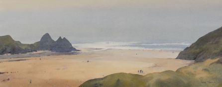 GARETH THOMAS watercolour - Gower peninsula coastal scene with figures, entitled verso 'Above