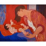 CLAUDIA WILLIAMS oil on canvas - mother with baby, signed and dated verso 2003, 35 x 43cms
