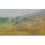 ARTHUR LEWIS pastel - landscape with distant cottage, entitled verso 'Rosebush, Pembrokeshire',