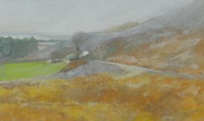 ARTHUR LEWIS pastel - landscape with distant cottage, entitled verso 'Rosebush, Pembrokeshire',