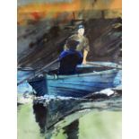 ROB PIERCY watercolour - study of two figures in a fishing boat with reflection, signed, 47 x 36cms