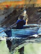 ROB PIERCY watercolour - study of two figures in a fishing boat with reflection, signed, 47 x 36cms