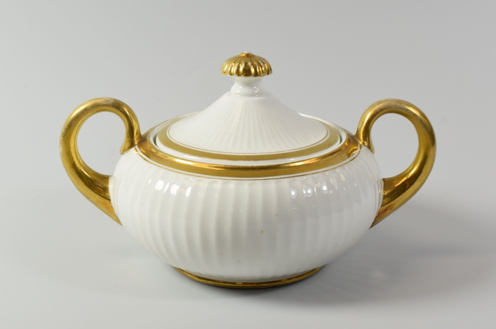 A SWANSEA PORCELAIN GILDED SUCRIER & COVER with Paris Flute moulding, exaggerated loop handles of