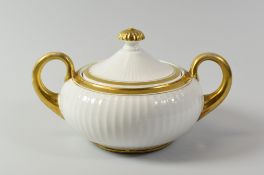 A SWANSEA PORCELAIN GILDED SUCRIER & COVER with Paris Flute moulding, exaggerated loop handles of