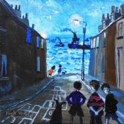 NICK HOLLY acrylic on box canvas - children playing in a riverside street, signed and entitled verso