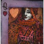 ELFYN ROBERTS ink, watercolour and gold leaf - 'Queen of Hearts', signed with initials, 29 x 22cms