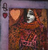 ELFYN ROBERTS ink, watercolour and gold leaf - 'Queen of Hearts', signed with initials, 29 x 22cms