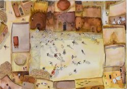DORRY SPIKES mixed media on paper - Arabian town scene from above, entitled verso 'Birds-Eye