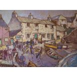 DONALD McINTYRE early watercolour - Moelfre, Anglesey with numerous figures and beached boats etc in