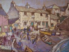 DONALD McINTYRE early watercolour - Moelfre, Anglesey with numerous figures and beached boats etc in