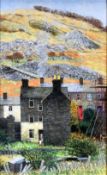 CHRISTOPHER HALL oil on board - Snowdonia terraced houses with two figures, entitled verso 'Corris