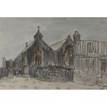 SIR KYFFIN WILLIAMS RA colour wash and pencil - Aberffraw church, Anglesey, signed with initials, 16