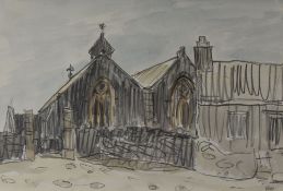 SIR KYFFIN WILLIAMS RA colour wash and pencil - Aberffraw church, Anglesey, signed with initials, 16