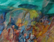 BERT ISAAC mixed media - expansive colourful landscape with trees and buildings, entitled 'Summer