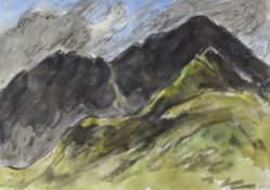 SIR KYFFIN WILLIAMS RA colour wash and pencil - stormy Snowdonia landscape, signed with initials, 28