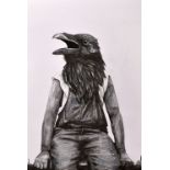 JACK IFFLA pencil drawing - illustration of a seated figure with the head of a crow, entitled