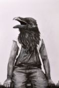 JACK IFFLA pencil drawing - illustration of a seated figure with the head of a crow, entitled