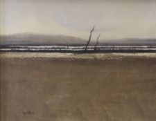 ROGER CECIL watercolour - barren landscape with trees and distant hills, signed and dated 1964, 49 x
