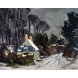 SIR KYFFIN WILLIAMS RA coloured limited edition (17/150) print - cottage with figure on a snow