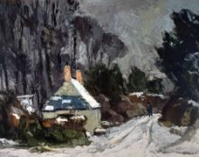 SIR KYFFIN WILLIAMS RA coloured limited edition (17/150) print - cottage with figure on a snow