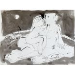 KEITH BAYLISS colourwash and pen - figures embracing in moonlight, signed with initials, 27 x 37cms