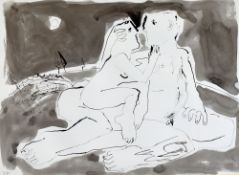 KEITH BAYLISS colourwash and pen - figures embracing in moonlight, signed with initials, 27 x 37cms