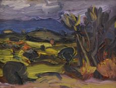 DAVID LLOYD GRIFFITH oil on board - landscape with trees entitled verso 'Llanelian Farm,