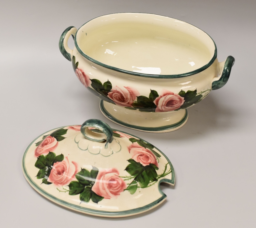 A LLANELLY POTTERY HYBRID TEA-ROSE DECORATED TUREEN of oval footed form with loop handle to the - Image 2 of 3