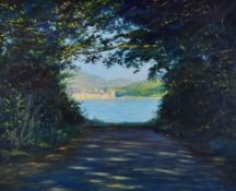 STEVEN JONES acrylic - Caernarfon Castle viewed through trees on the Anglesey side, signed, 48 x