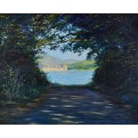 STEVEN JONES acrylic - Caernarfon Castle viewed through trees on the Anglesey side, signed, 48 x