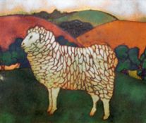 BERYL TURPIN enamel on copper - standing sheep in a rolling landscape, signed verso, 18 x 20cms