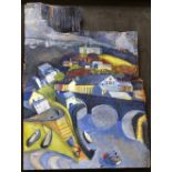 KIM JAMES WILLIAMS oil on beach-combed scrap of board - harbour scene with fishing boat, figures and