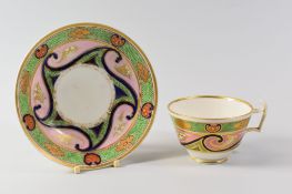 A SWANSEA PORCELAIN CUP & SAUCER, pattern No. 478 with seeded green border and scrolls with cobalt-