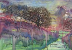 SUSAN POMERY WILKS watercolour - landscape with trees entitled verso 'Wet and Windy Winter,
