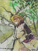 GORDON STUART mixed media - peasant figure in an orchard, entitled 'Picking Walnuts', signed, 30.5 x