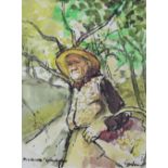 GORDON STUART mixed media - peasant figure in an orchard, entitled 'Picking Walnuts', signed, 30.5 x