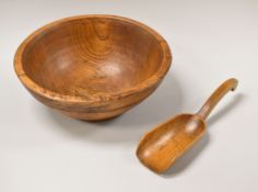 A WELSH ELM TREEN CAWL BOWL, 25cms diam together with a simple sycamore flour scoop, 24cms long