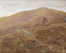 DAVID COWDREY oil on canvas - barren mountainside with stone wall, isolated tree and solitary