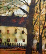 BERYL TURPIN enamel on copper - trees and buildings, entitled verso 'Town in Autumn', signed