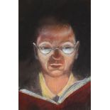 JAMES DONOVAN acrylic on paper - portrait of a bespectacled man reading with dim light, entitled