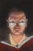 JAMES DONOVAN acrylic on paper - portrait of a bespectacled man reading with dim light, entitled