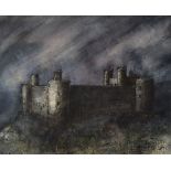 ELFYN ROBERTS ink and watercolour - Harlech castle, signed with initials, 25 x 20cms