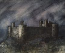 ELFYN ROBERTS ink and watercolour - Harlech castle, signed with initials, 25 x 20cms