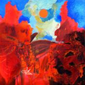 SARA PHILPOTT oil on gesso - landscape with red sun, entitled verso 'The Rocks Would Only Bathe in
