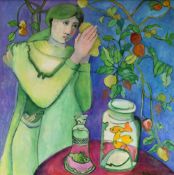 SHEILA JARVIS oil on canvas - figure with jars of fish on a table and fruit plant, entitled verso '