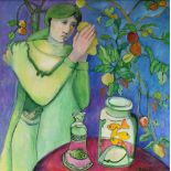 SHEILA JARVIS oil on canvas - figure with jars of fish on a table and fruit plant, entitled verso '