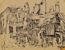 JOHN UZZELL EDWARDS ink drawing - cluster of ramshackle houses, 49 x 64cms