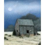 DAPHNE HURN watercolour - study of a wooden building entitled verso 'Wood Barn / Moon', signed, 17 x